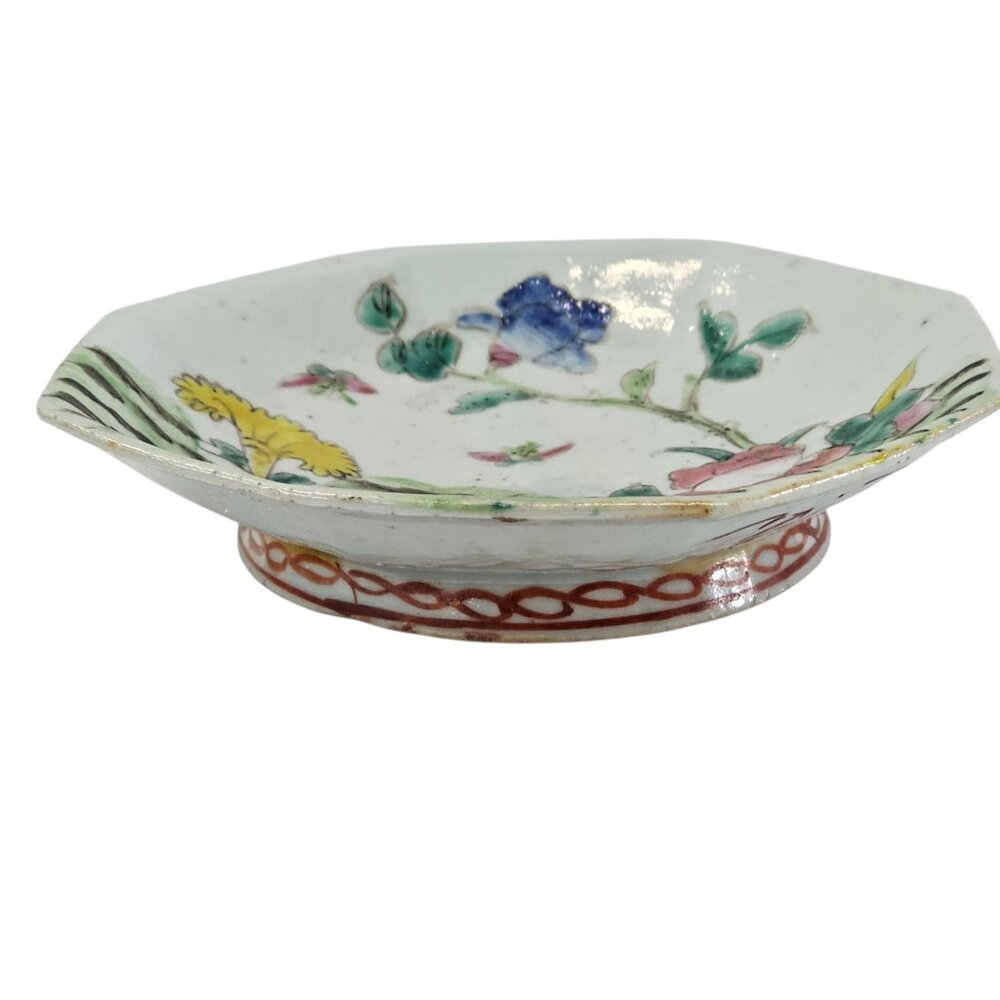 Chinese Porcelain Dish Bowl Chicken Rooster Floral Footed Lobed Pottery Vintage